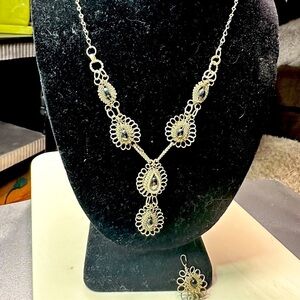 Beautiful Vintage Silesian Iron Wirework Necklace & Earrings black onyx